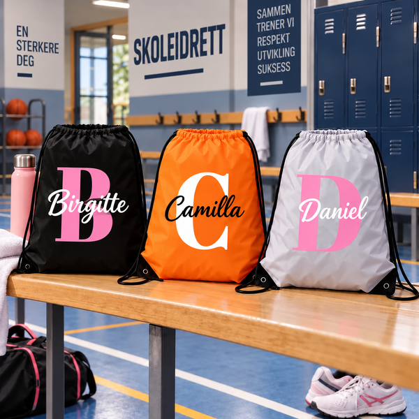 GymSack gymposer med stor initial og navn i svart, oransje og hvit