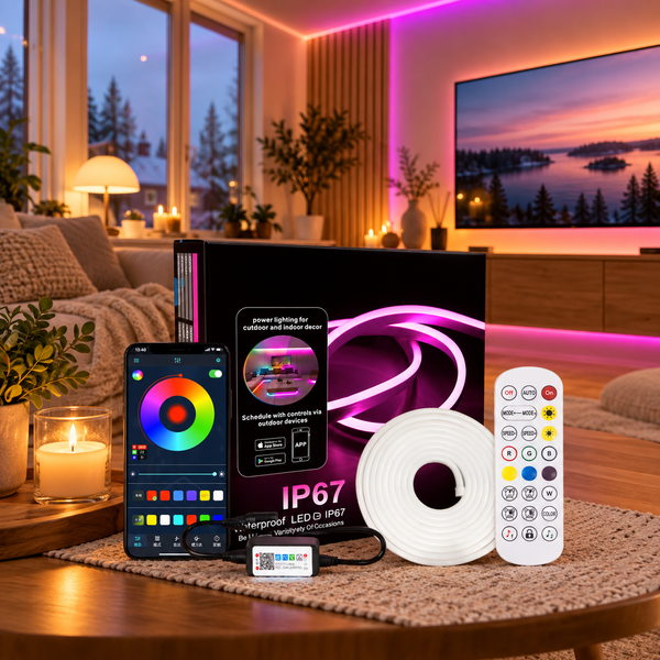 LumiFlex Aura Pro neon LED-list i stua med app og fjernkontroll