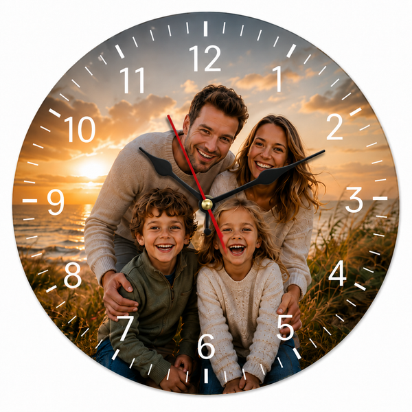 MemoraClock veggklokke med familiebilde over hele urskiven