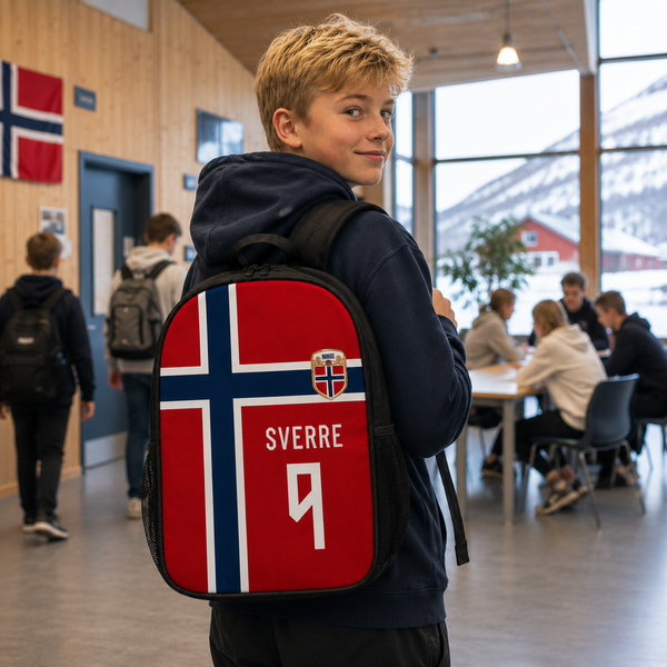 Gutt med den personlige norske skolesekken på skolen