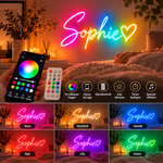 GlowName RGB med app og fjernkontroll – eksempler i rosa, varmhvit, havblå, rød, lilla og grønn
