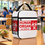 LunchDonor lunsjbag i hvitt med teksten Human Organ for Transplant, på pauserommet