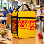 LunchDonor lunsjbag i gult med teksten Human Organ for Transplant, på et bord på pauserommet