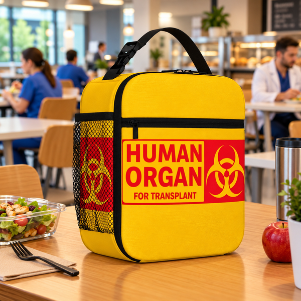 LunchDonor lunsjbag i gult med teksten Human Organ for Transplant, på et bord på pauserommet