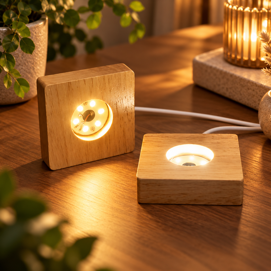 LumiBase som nattlampe: to LED-lyssokler i tre med varmt lys på et bord
