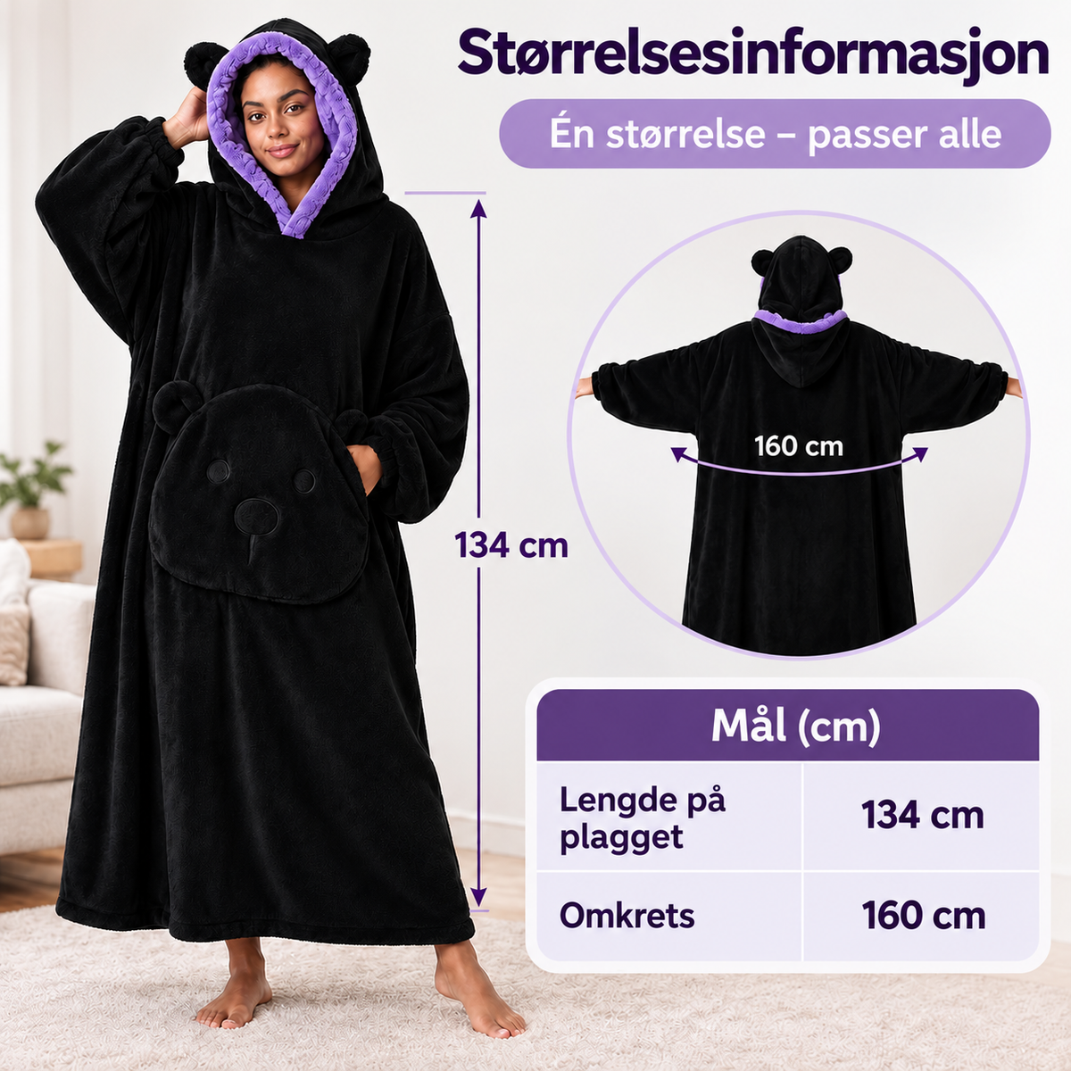 BearHug størrelsesinformasjon – én størrelse, lengde 134 cm og omkrets 160 cm