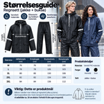 RainFlow størrelsesguide – produktmål for jakke og bukse, M–3XL