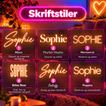 GlowName RGB skriftstiler: Allura, Playfair Display, Montserrat, Bebas Neue, Satisfy og Poppins