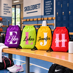 GymSack i lilla, neongrønn, gul og rød med initial og navn