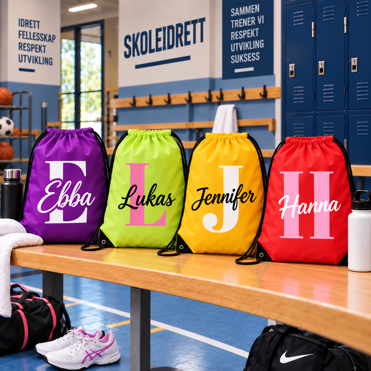 GymSack i lilla, neongrønn, gul og rød med initial og navn