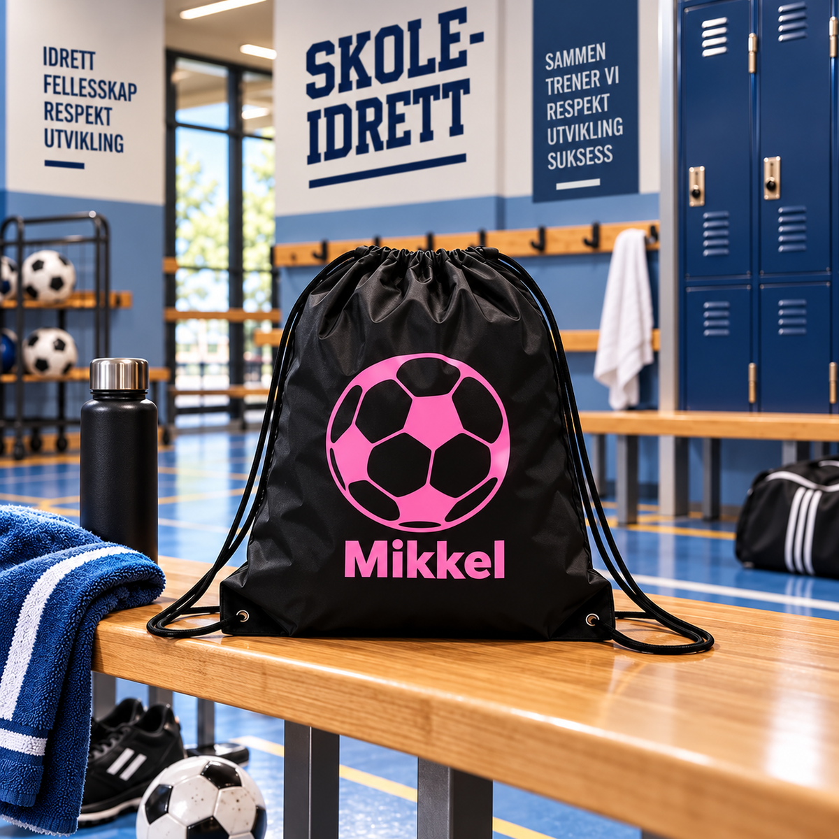 Svart GymSack med fotball og navn i rosa