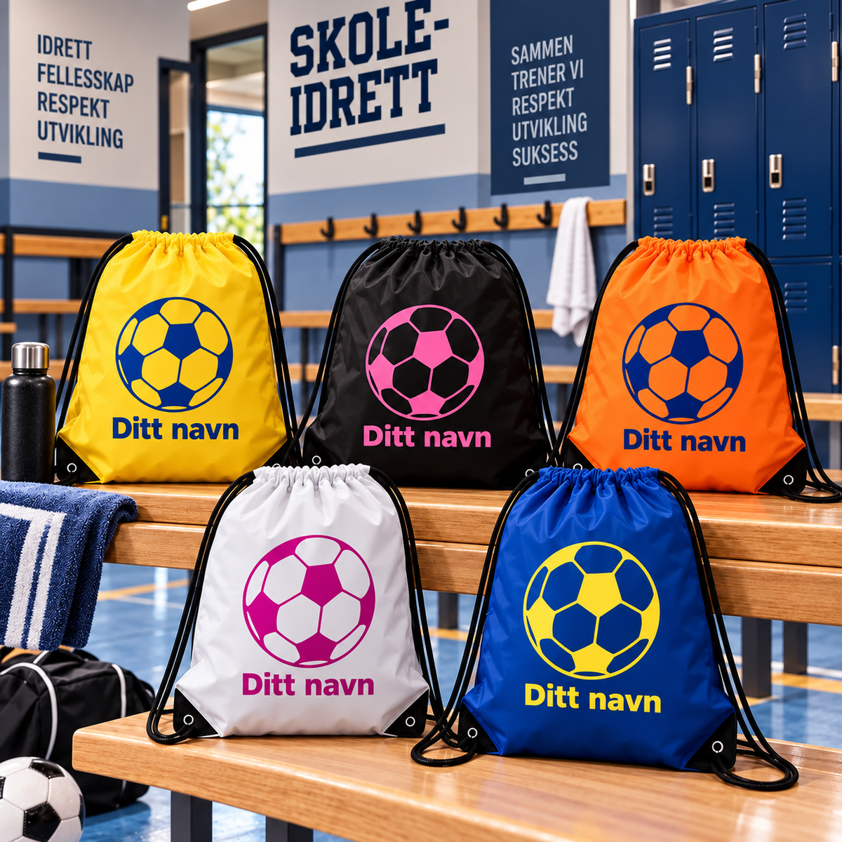 GymSack med fotball og navn i flere farger