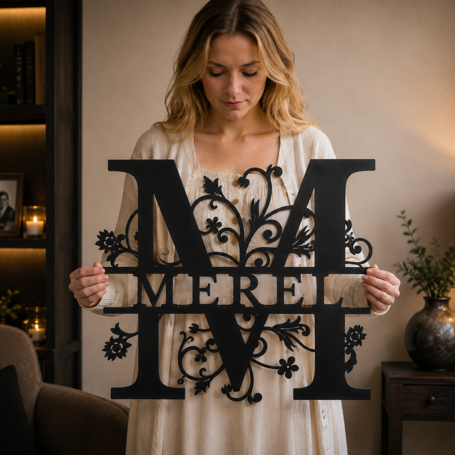 FloraLuxe monogram i svart metall med navn og blomster