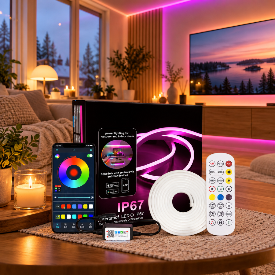 LumiFlex Aura Pro neon LED-list i stua med app og fjernkontroll