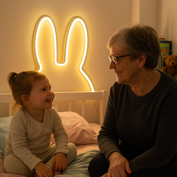 Hvit kaninlampe på veggen i et barnerom, barn og voksen