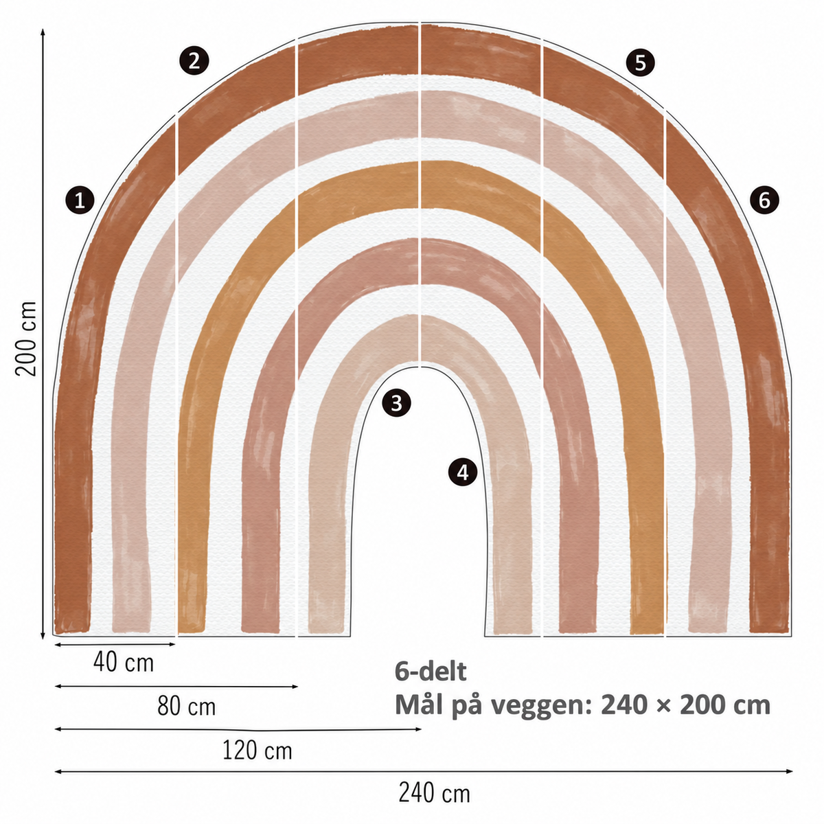 BohoRainbow størrelse XL – regnbue 240 × 200 cm på veggen, 6 deler