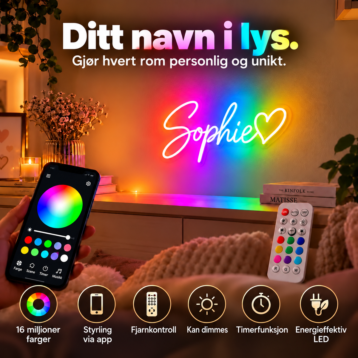 GlowName RGB – ditt navn i lys, styres med app og fjernkontroll og kan dimmes