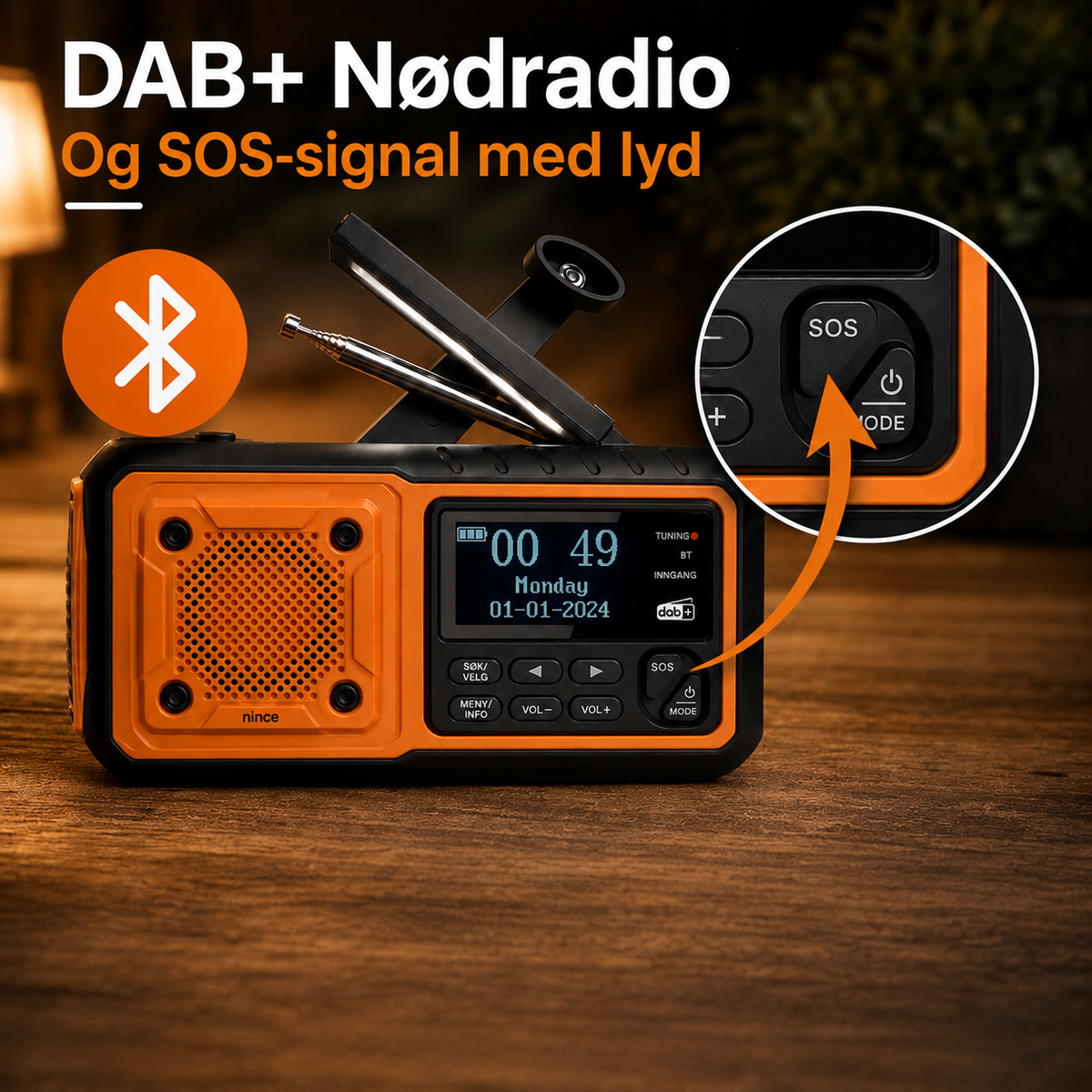 Nødradio DAB+/FM med solcelle og 5000 mAh powerbank