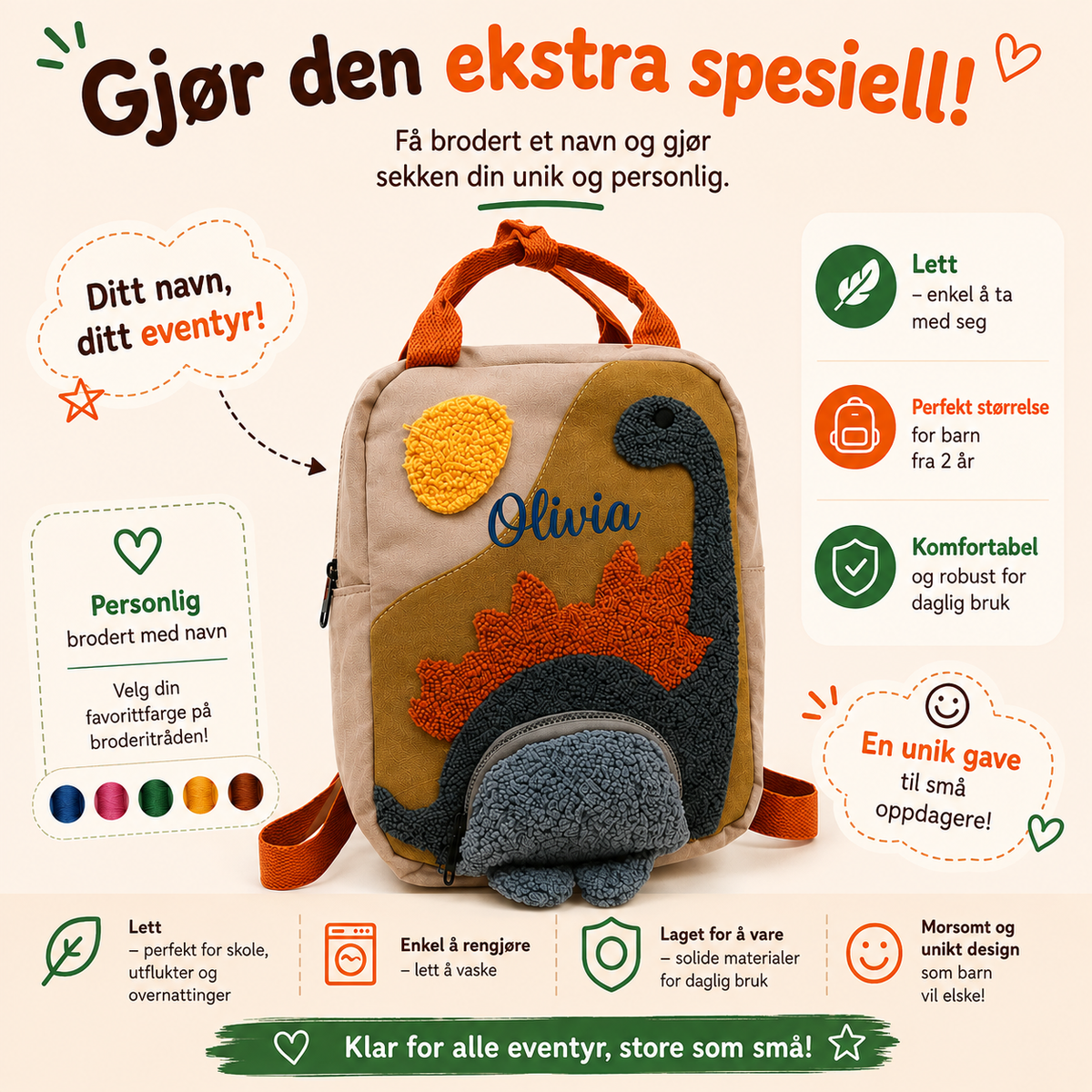 Dinosaur-ryggsekk med brodert navn