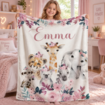 SnuggleName fleecepledd med navn og dyr i akvarell – safari med rosa blomster