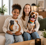 To jenter med 3D-puter av marsvin og hund
