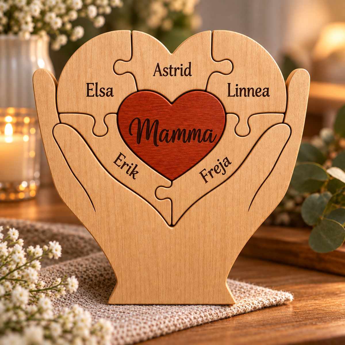 FamilyPiece familiepuslespill i tre med Mamma og navn