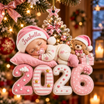 BabyStar juletrepynt i rosa med navnet Isabella på nisseluen og 2026, i juletreet