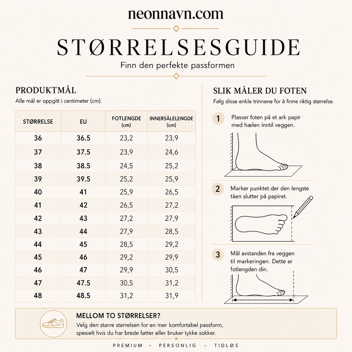 Størrelsesguide for sko – fotlengde og innersålelengde i cm