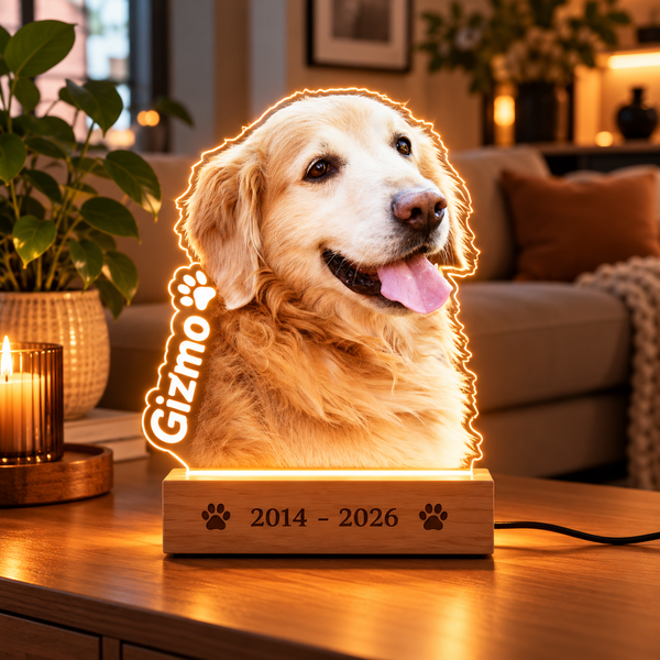 PetGlow nattlampe med bilde av hund, navn og tekst på trefot