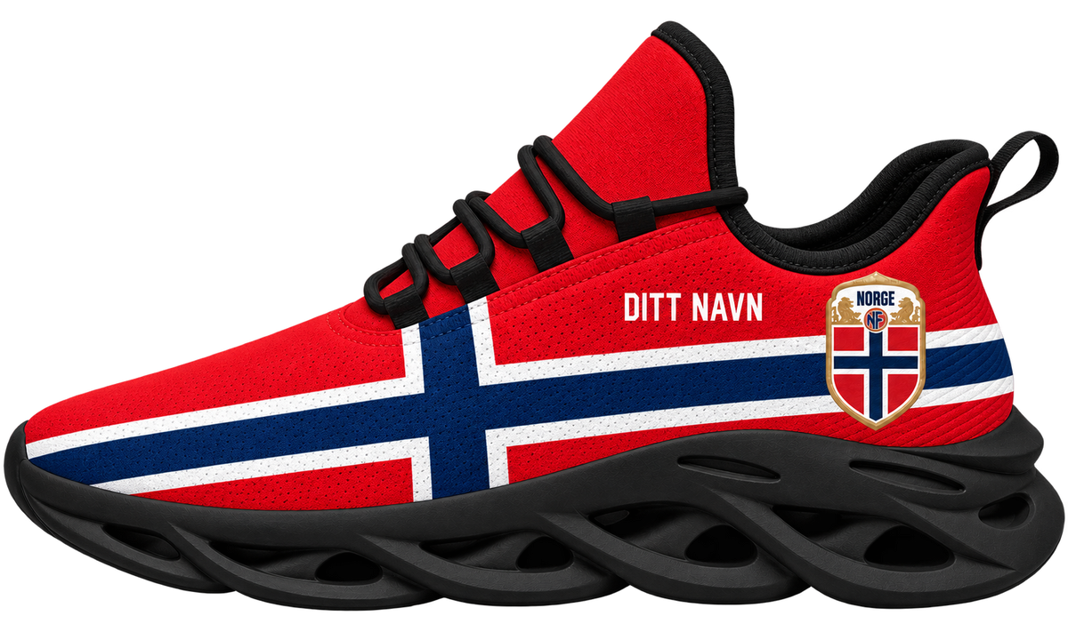 Rød sneaker med norsk flagg og eget navn på siden
