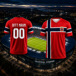 Rød Norge-fandrakt med norsk flagg, for- og bakside
