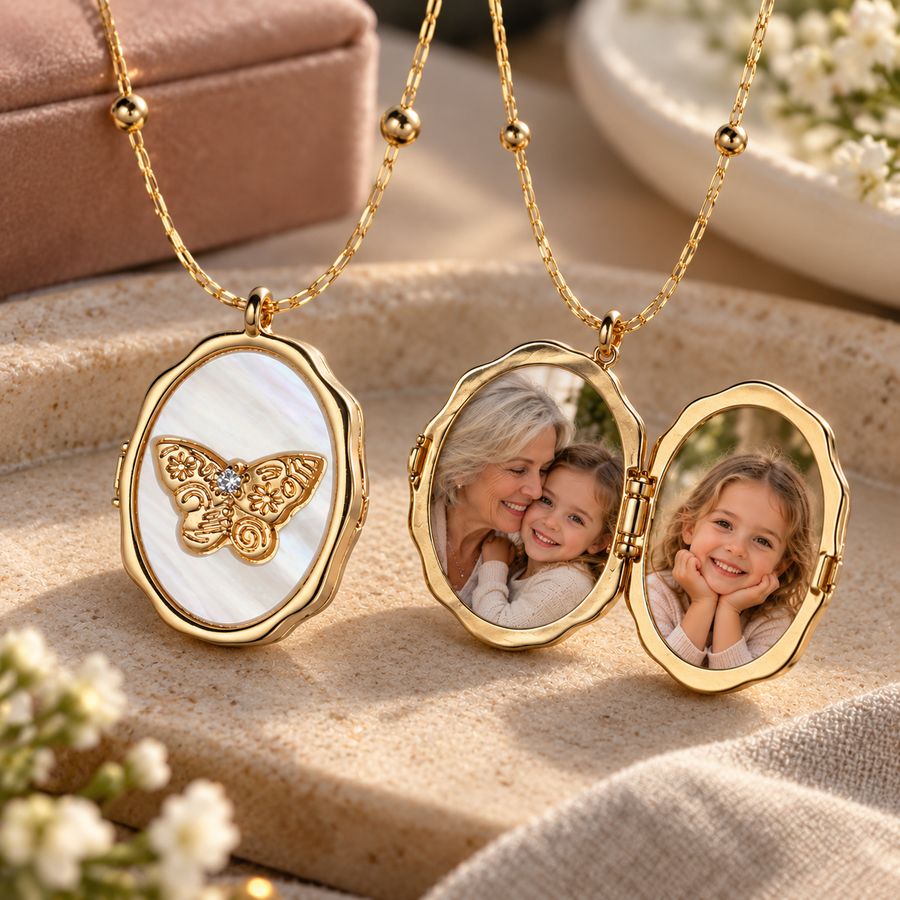 Papillon medaljong halskjede med sommerfugl, gullfarget, lukket