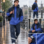 RainShield regndress blå med ryggsekk på vei til jobb