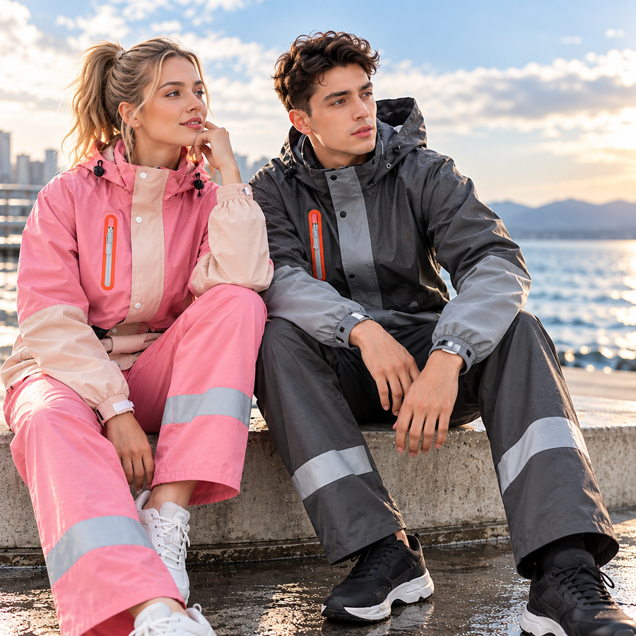 RainShield regndress i rosa og grå/svart – par ved vannet