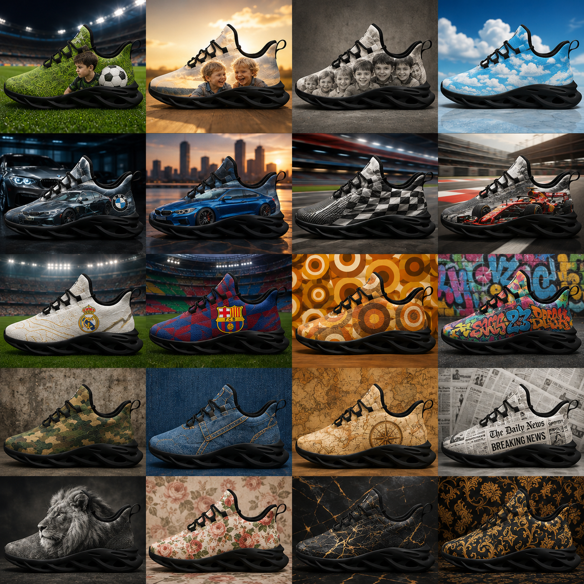 Eksempler på personlige sneakers med egne bilder og motiver