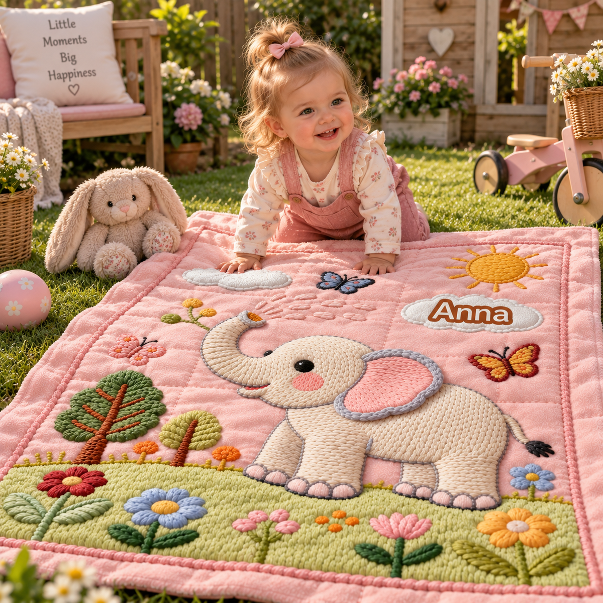 ElliName babypledd med navn og elefant – rosa