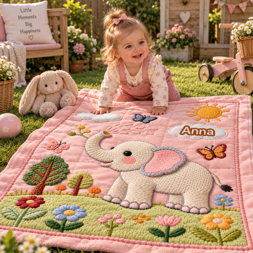 ElliName babypledd med navn og elefant – rosa