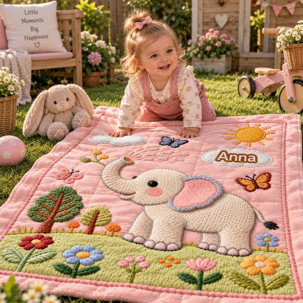ElliName babypledd med navn og elefant – rosa