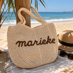 Strandveske beige med brodert navn