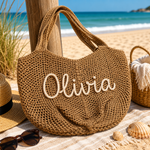 Strandveske brun med brodert navn