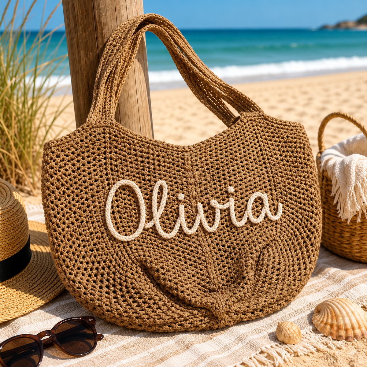 Strandveske brun med brodert navn