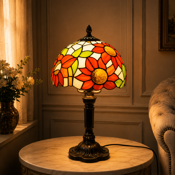 Tiffanylampe Sunfield tent, blomstermotiv i glassmosaikk