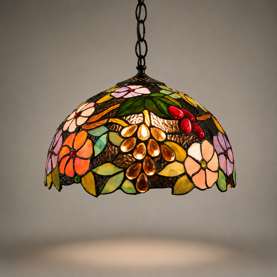 Tiffany taklampe Blossom i farget glassmosaikk med blomster
