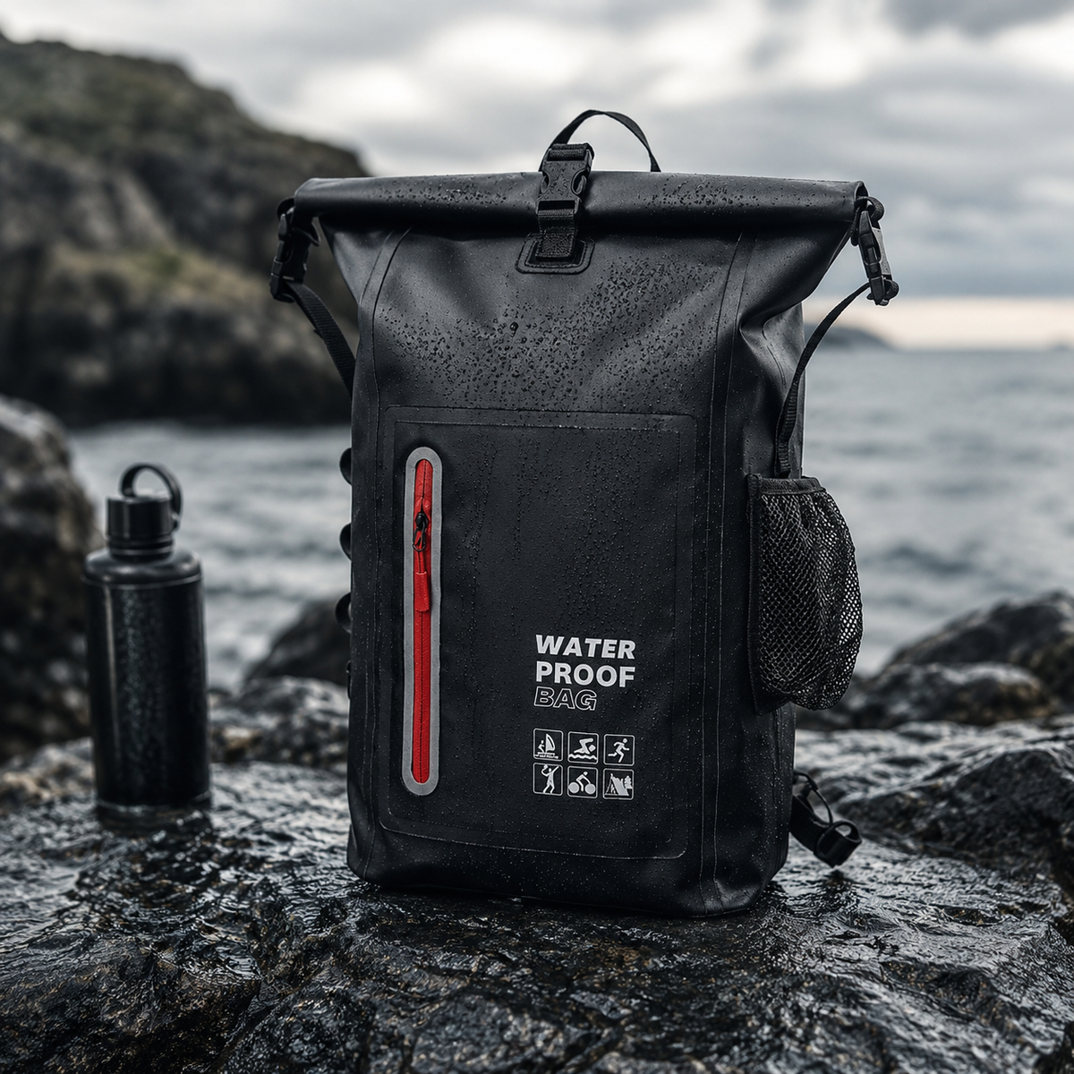 Svart vanntett drybag-ryggsekk med rullelukking