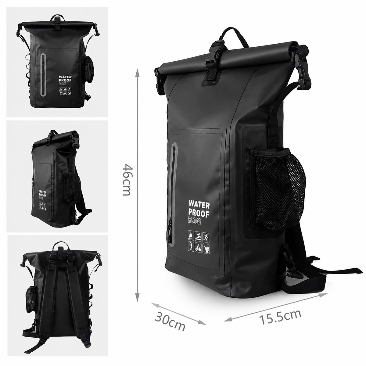 Drybag-ryggsekk med justerbare skulderstropper og sidelomme i mesh